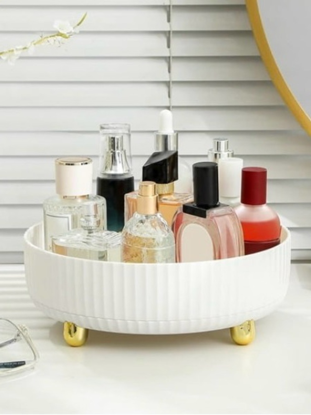 Stylish White Lazy Susan Cosmetic Bath Kitchen Organizer Tray with Gold Feet